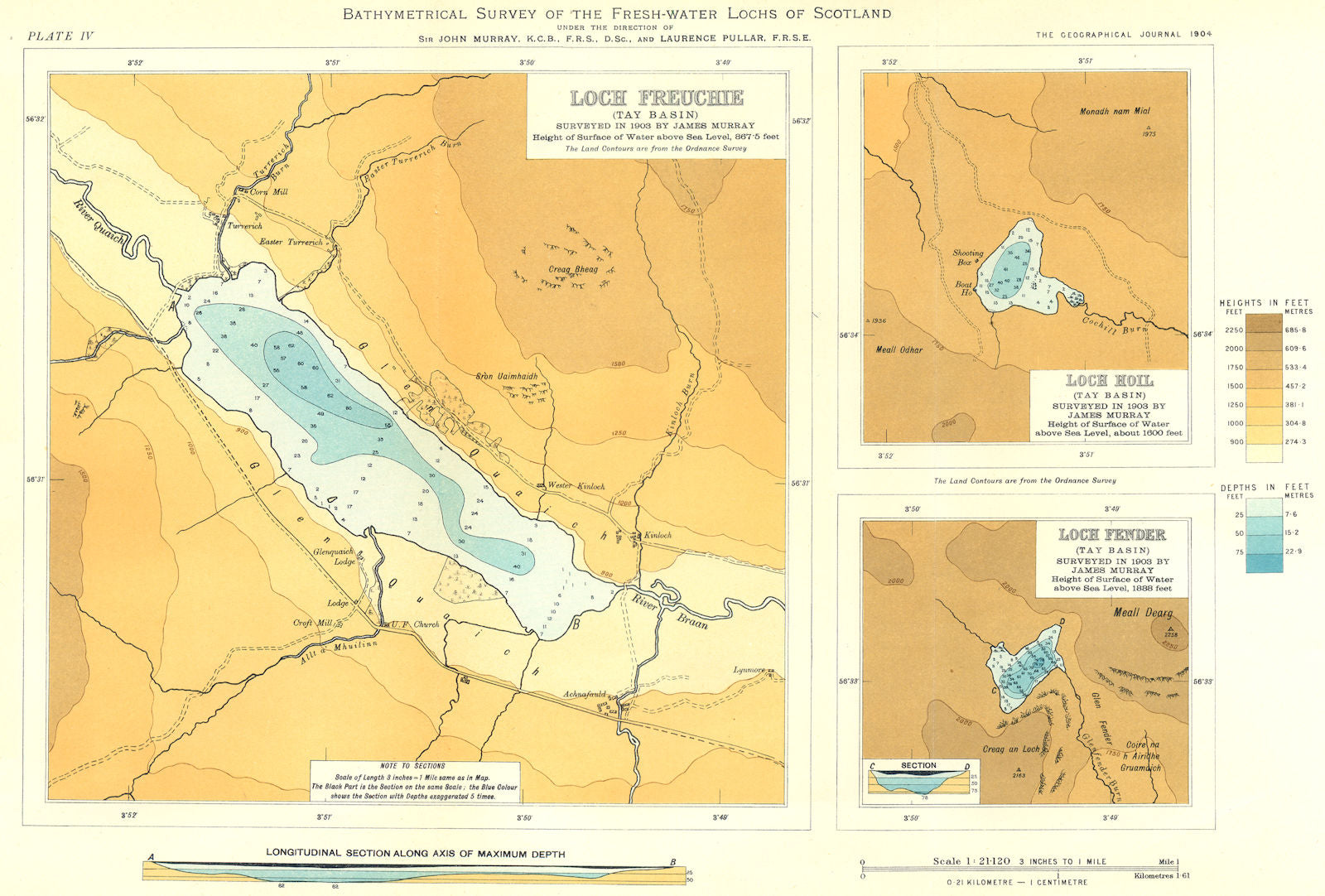 SCOTTISH LOCHS. Loch Freuchie; Loch Hoil; Loch Fender. RGS 1904 old map